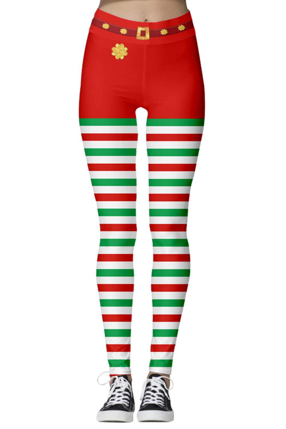 Funcok Womens Christmas Ugly Stripe Printed Tights High Waist Workout Leggings Red S