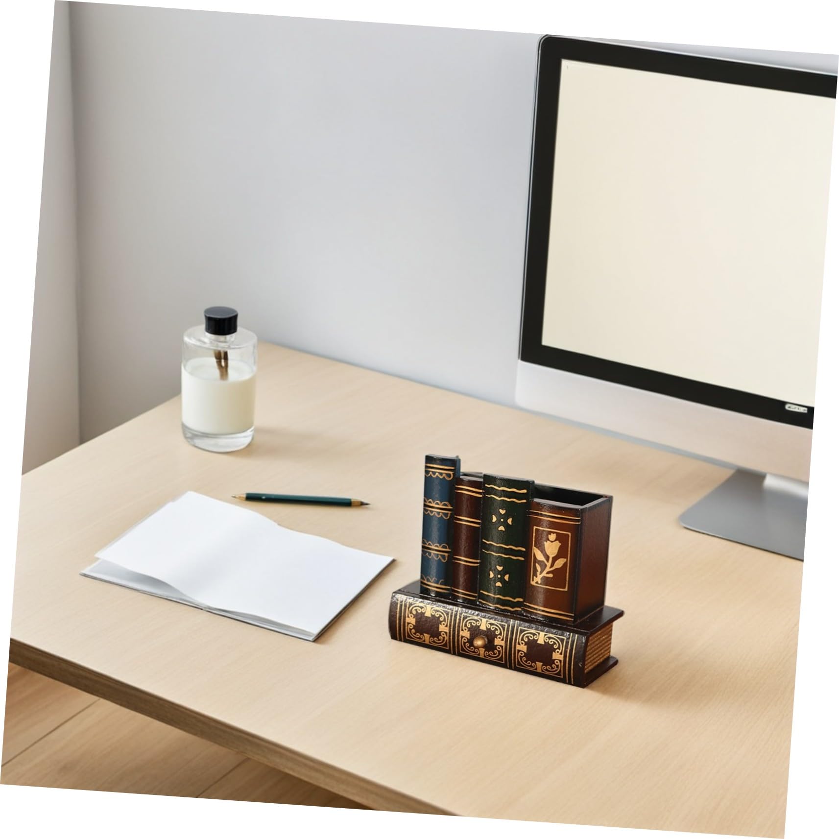 WOONEKY Portalápices Estilo Libro Retro con Cajón, Madera, 2 Piezas