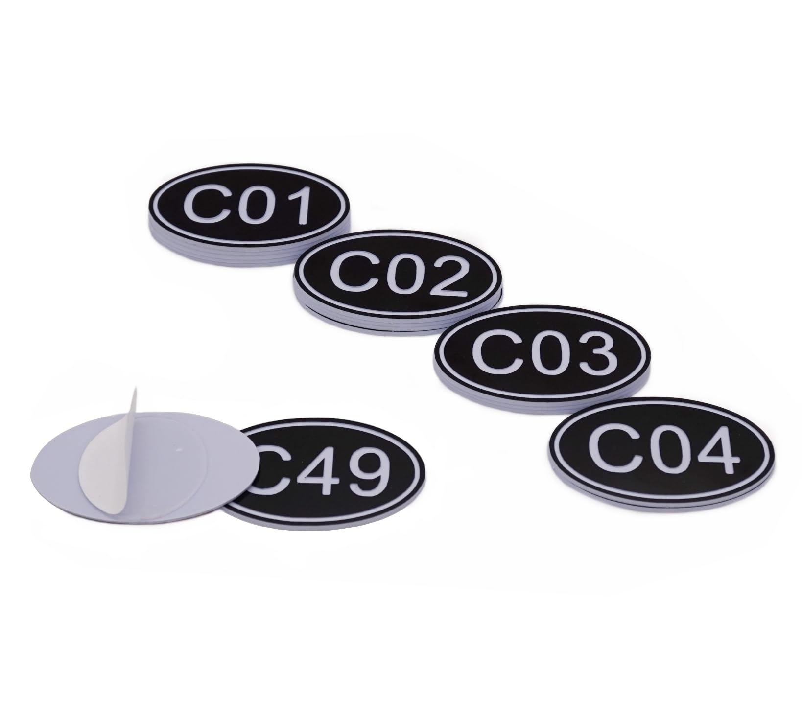 NanTun 50 Pack Black Oval Locker Tags Table Numbers - 30mm x 50mm ABS Plastic Engraved Numbers - C01 to C50