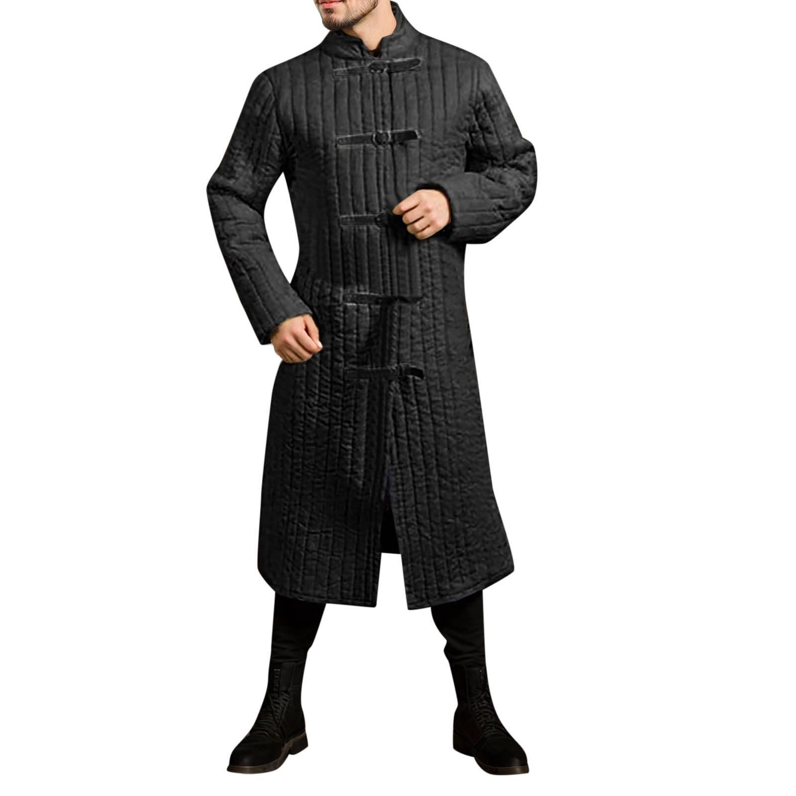 Men's Medieval Thick Padded Gambeson Coat Aketon Jacket Fancy Dress Costumes Men's Armour Long Sleeves Gambeson Theatre Costumes Dress Armor for Cosplay Party, O Black, XXL