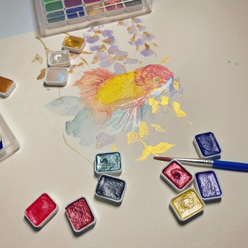 Set Acquerelli Metallici 20 Colori Con Pennello - Effetti Scintillanti E Perlati, Per Bambini E Principianti