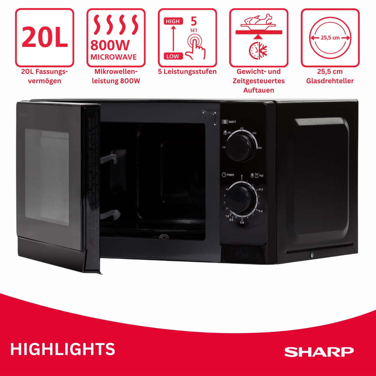 SHARP R200BKW Solo-Mikrowelle 800 W 20 l Schwarz
