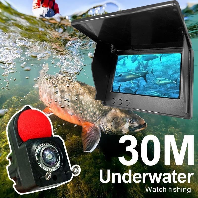 Underwater camera in use with a large fish, showing the 30M cable length