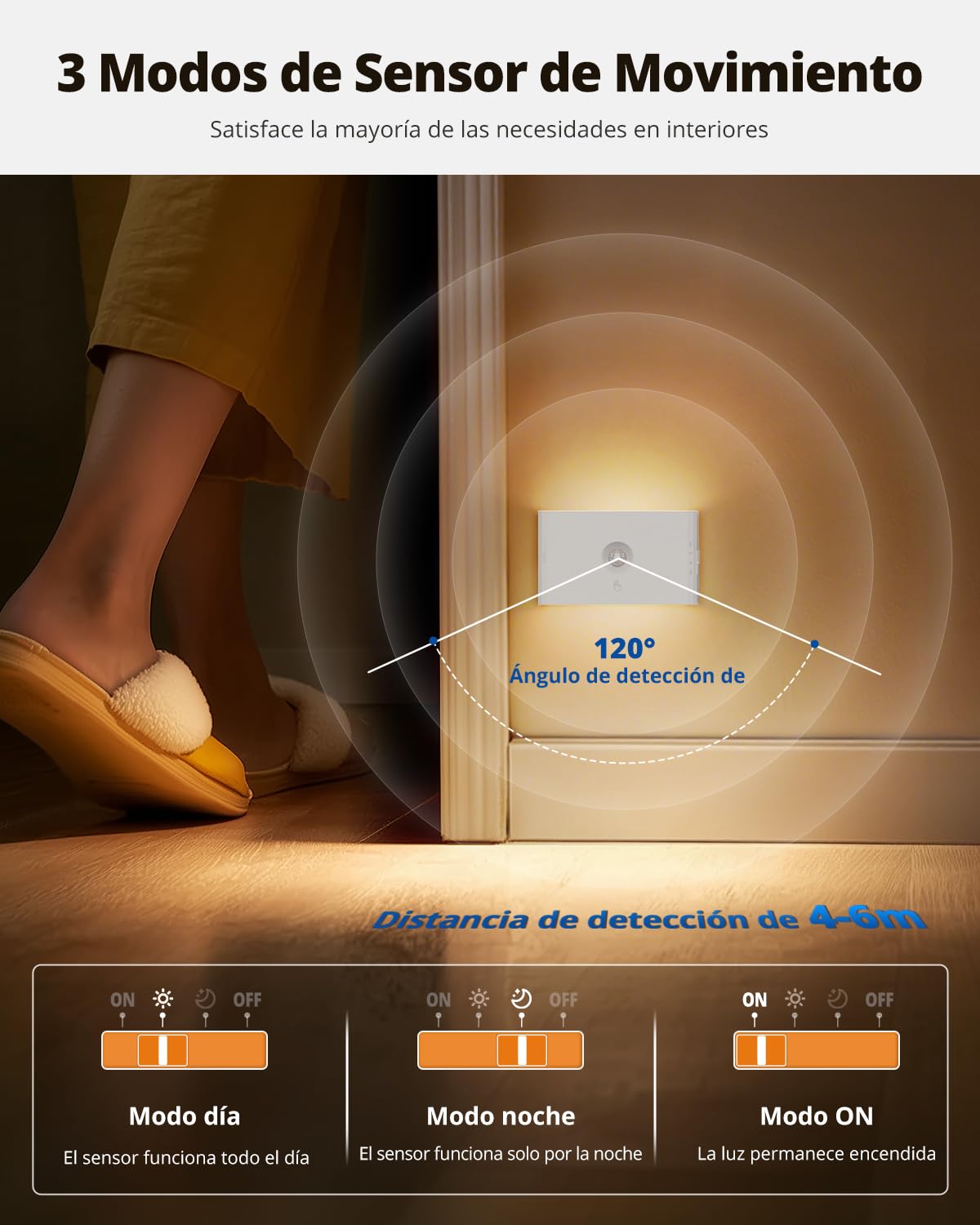 wowatt Luz LED Nocturna Sensor de Movimiento/Crepuscular Interior, 6 Piezas | Lampara Recargable Regulable Blanco Cálido/Natural/Frío, Luz Noche Pilas 3 Modos AUTO ON/OFF para Escalera, Pasillo, Armario