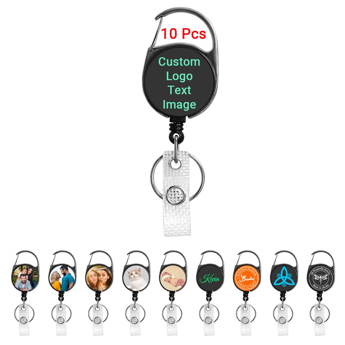 10 Pack-Custom Heavy Duty Badge Reel Photo Logo or Text Personalized Funny Retractable Clip -Customized Badge Holder with Key Ring for Office Worker Employee, Doctor Nurse Gifts