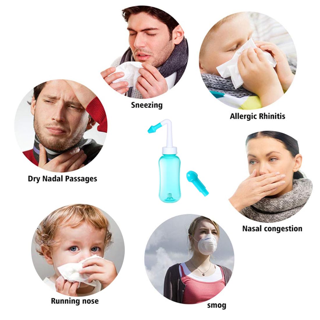 NUOOO Neti Pot Sinus Kit de rinçage Nez Nettoyant Nez Rinçage Pression Irrigation Nasale pour Adulte et Enfant Sans BPA Bouteille de Rinçage Sinus 300 ml