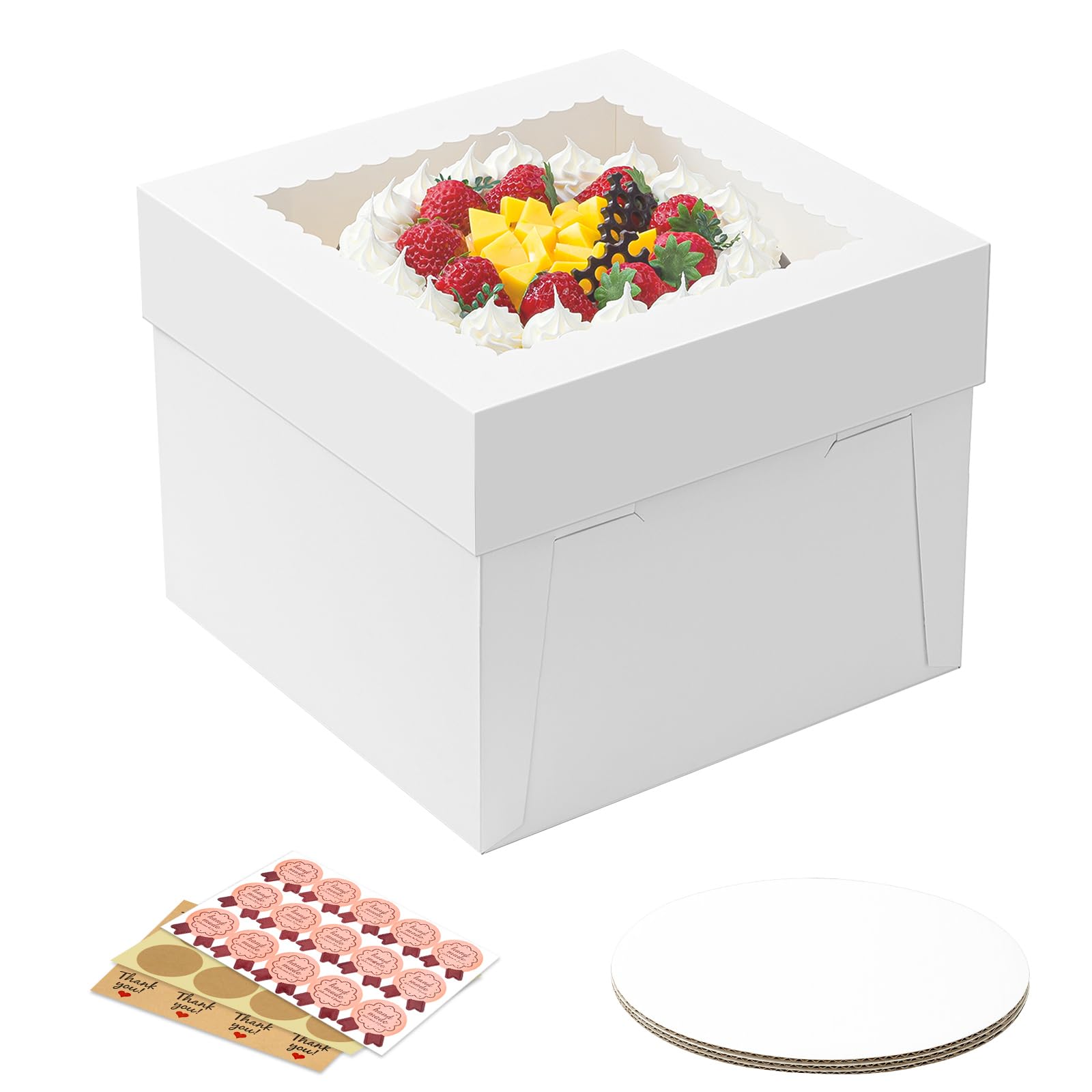 Vorfre 3 Pack Cake Boxes, 10x10x8 Inches Tall Cake Box with Cake Boards, White Bakery Boxes with Window, Disposable Cake Containers with Lids for Cake, Donuts, Pies, Cookies, Wedding, Birthday, Party