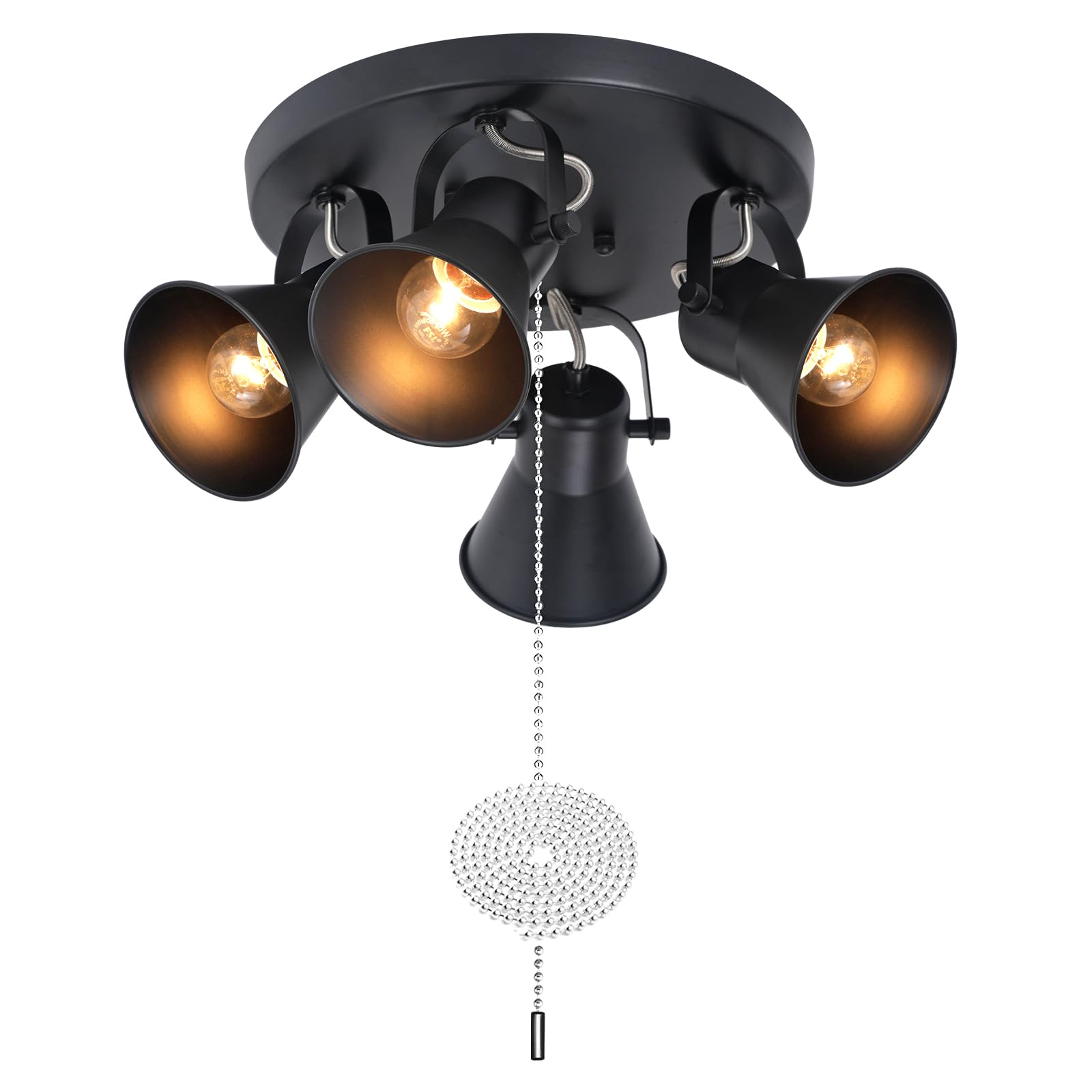 4-Light Industrial Track Lighting with Pull Chain On/Off Switch, Adjustable Round Kitchen Ceiling Light, Morden Black Flush Mount Directional Light for Kitchen, Hallway, Dining Room.
