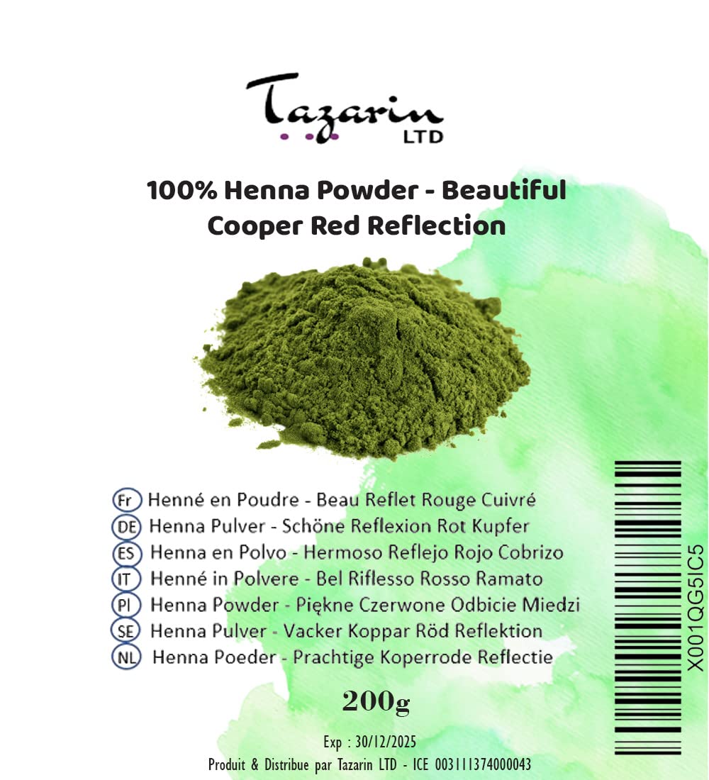 TazarinLtd 200 g henna w proszku - piękny miedziany czerwony refleks - farbowanie włosów - 100% naturalne, czyste i bez dodatków | drobny proszek