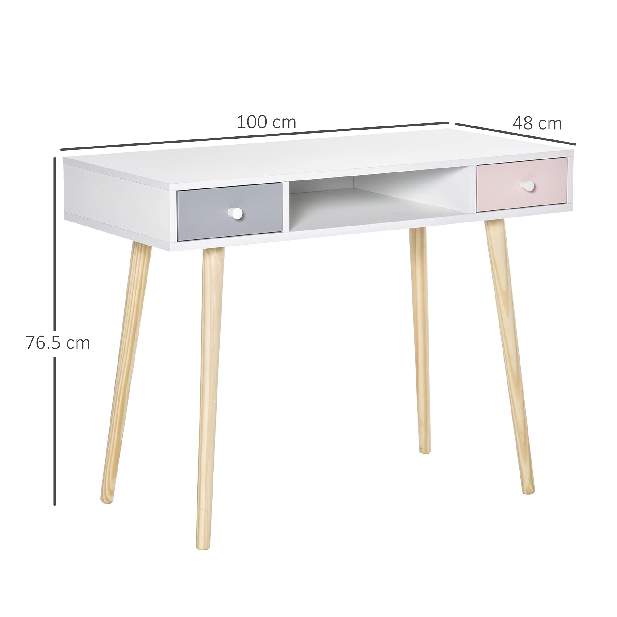 HOMCOM Scrivania per Bambini con Cassetti per Cameretta, Legno di Pino e MDF, 100x48x76.5cm, Bianco Rosa e Grigio