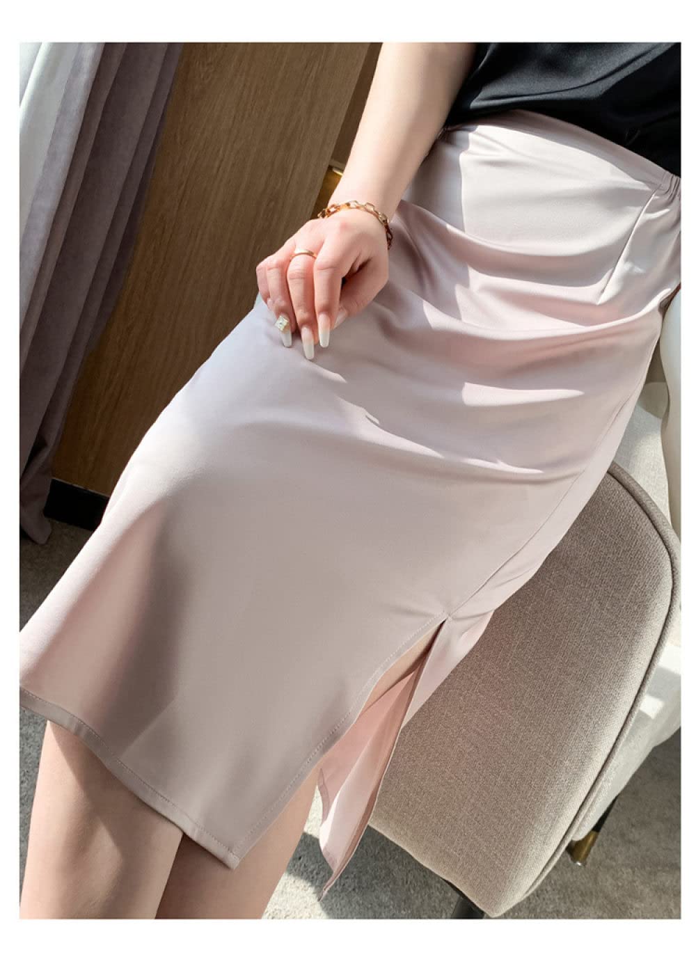 OZEO Röcke,Sommer-Satin-Midi-Röcke Für Frauen, Elastische Taille, Beige, Seitenschlitz, Gerader Rock, Hüftumwickelt, A-Linie, Gerafft, Elegantes Büro, Lange Röcke Für Mädchen, Damen,L