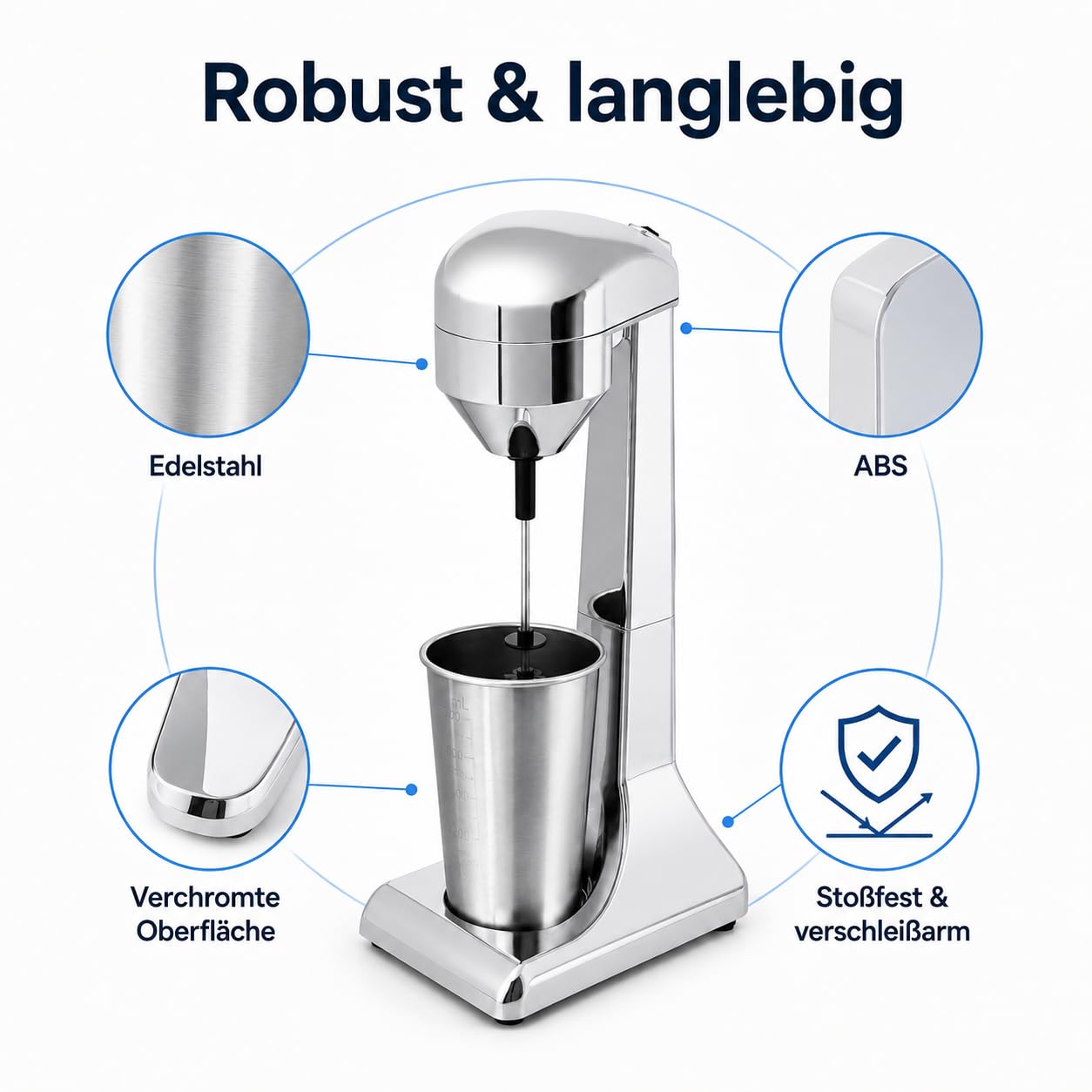 Frappe Mixer, Eiweiß Shaker Elektrisch mit 2 Geschwindigkeitsstufen Standmixer mit 1 Becher, Edelstahl Milchshake Mixer für cremige Milkshakes, Eiweißshakes, Cocktails, Frappes oder Smoothies