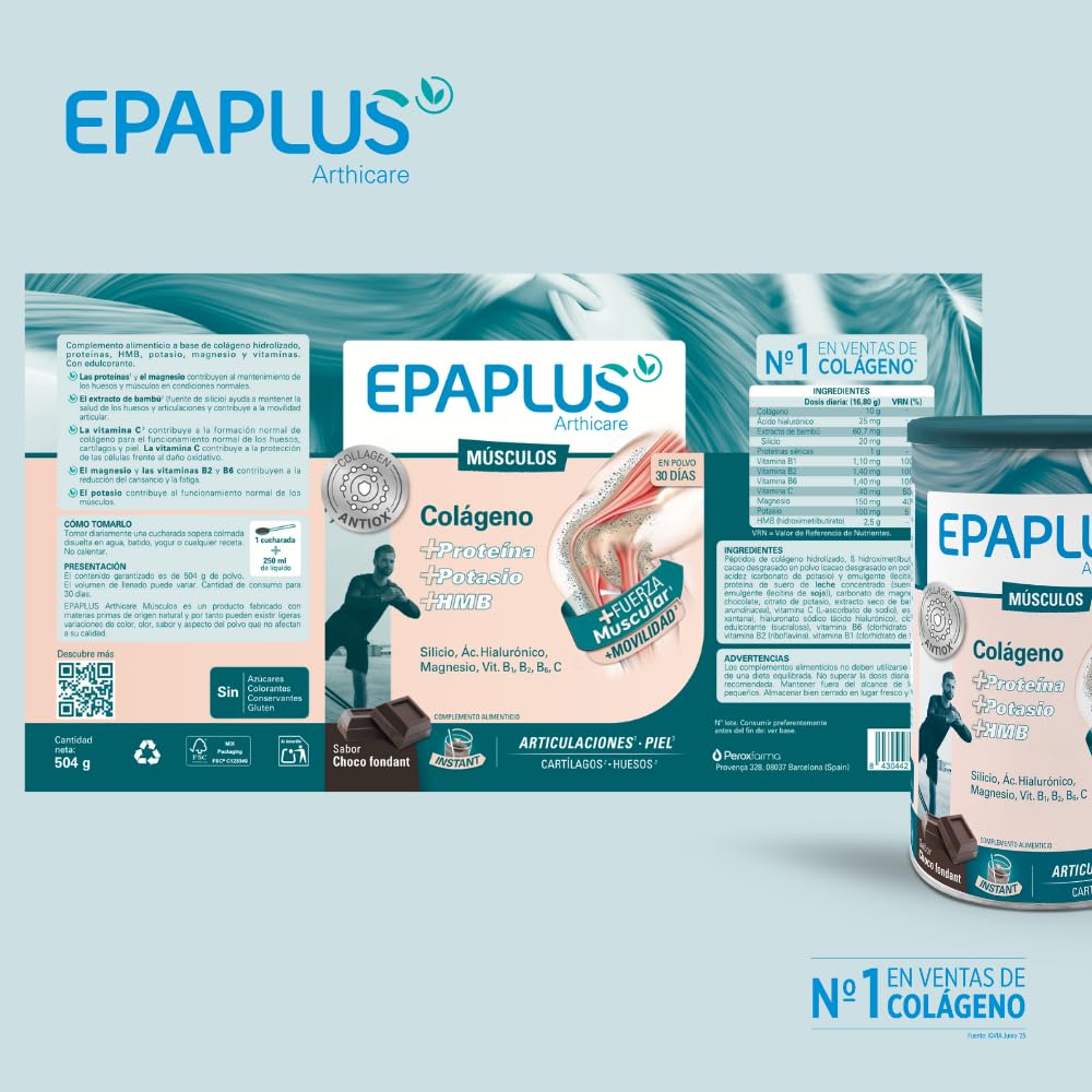 EPAPLUS Músculos – Colágeno en Polvo - Pack 2 Unidades de 504 gr para 60 días - Chocolate - Con Proteína, Potasio y HMB - 504 g