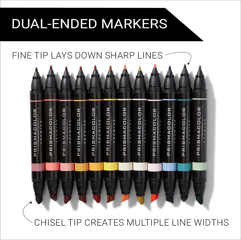 Prismacolor Premier Dual-Ended Art Markers, Chisel and Fine Tips, Mid-Tone Colors, 12 Count - Professional Quality for Artists, Adult Coloring, Drawing