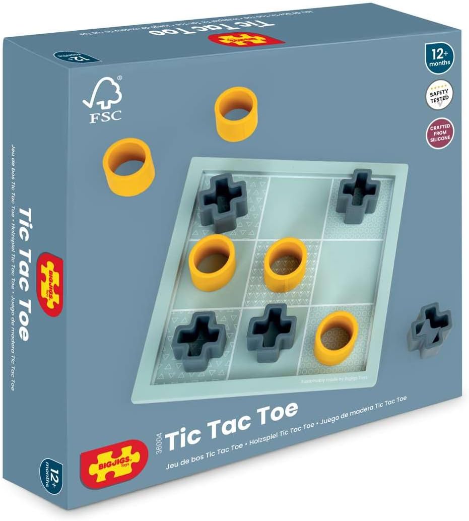Bigjigs Toys Tic Tac Toe - 11 Piece Wooden & Silicone Noughts and Crosses Game, Classic Board Games, Sustainable Wood Board with Silicone XOXO Shapes, Baby Toddler Toys, Gifts for 1 Year Old