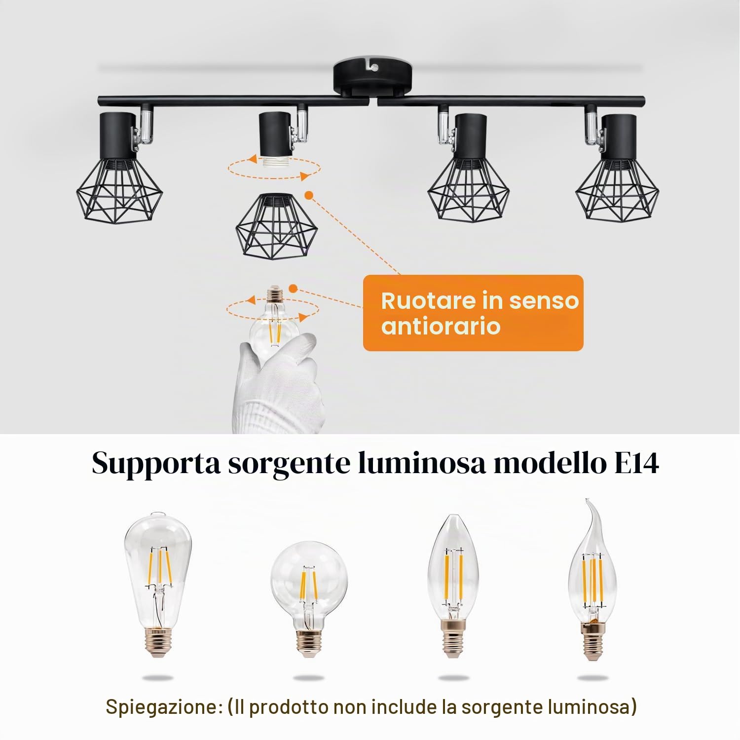 faretti soffitto orientabili, lampadario faretti con 4 Attacco E14,lampada da soffitto retrò, applique soffitto per Cucina, Soggiorno, Camera da Letto,neri(Senza Lampadina)