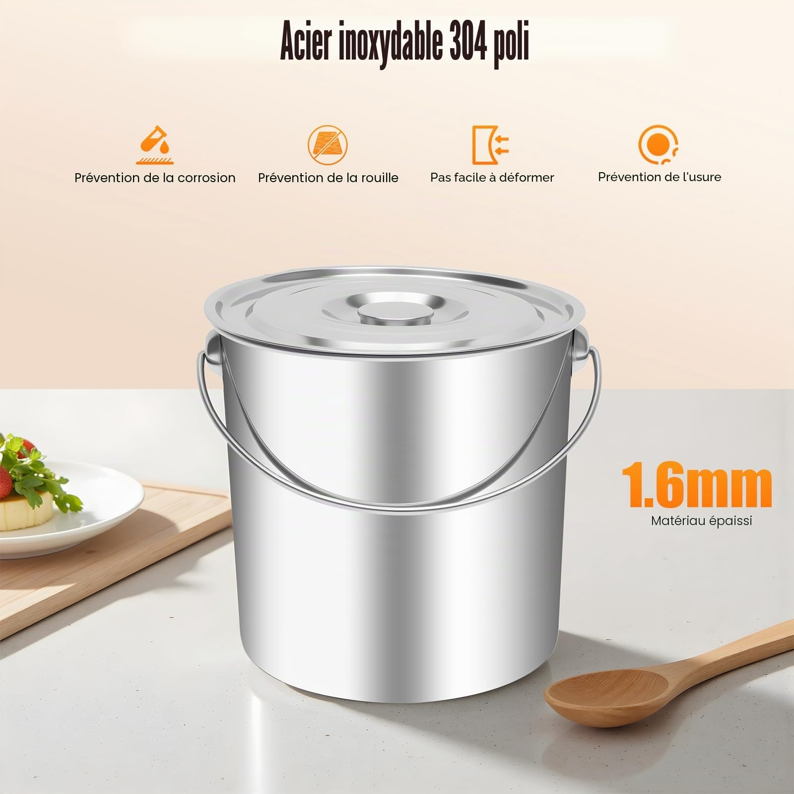 Seau en acier inoxydable, Lightakai - 20 l - Nombreuses utilisations - En acier inoxydable - Avec couvercle et anse - Pour cuisine, industrie, restauration, ménage, etc