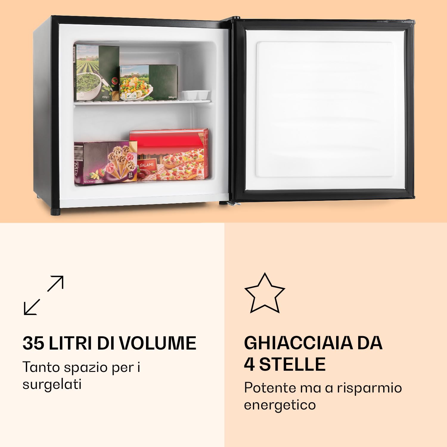 Klarstein Congelatore Piccolo a Cassetti ad Alta Efficienza Energetica, Sottopiano Piccolo da Camera e Ufficio, Vassoio per Ghiaccio, Mini Freezer, 35L