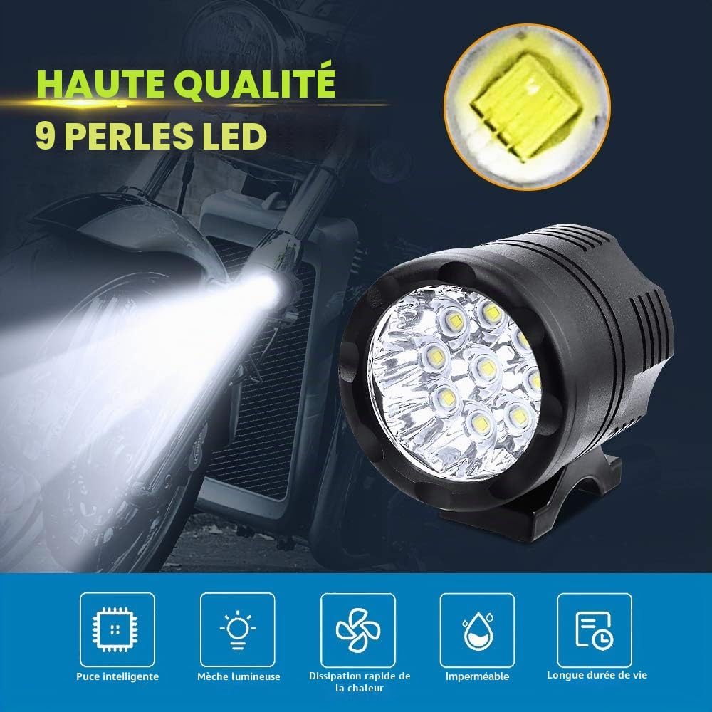 Biqing 2PCS Moto Phare Projecteurs avec Interrupteur étanche,Universal 12V/24V Phares LED Moto Phare Lumière Auxiliaire pour Motos et Voiture Feux de Travail Lampe LED Projecteur Spot