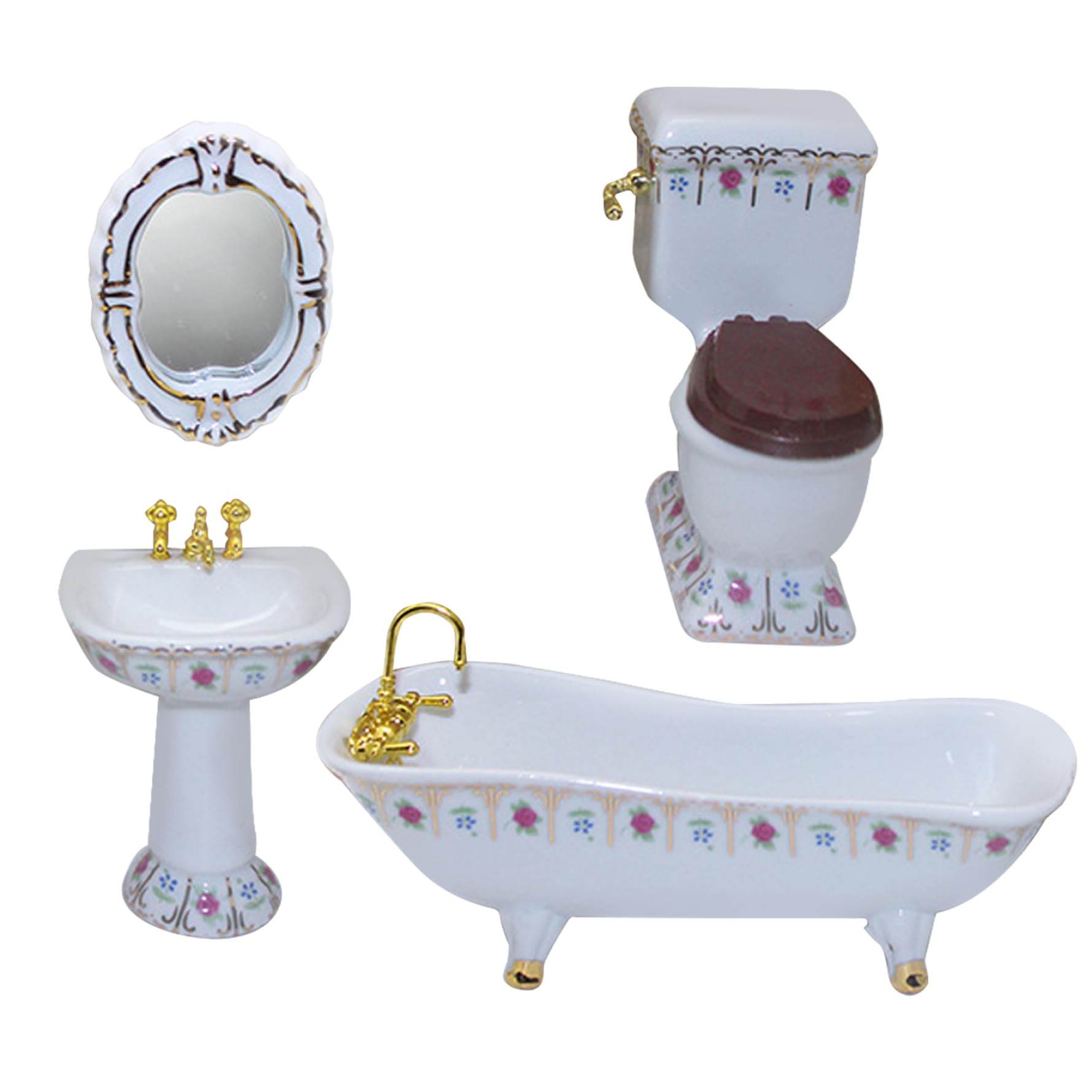 Juego De Baño Para Casa De Muñecas 1:12 – Inodoro, Bañera, Lavabo Y Espejo De Porcelana Con Estampado Floral
