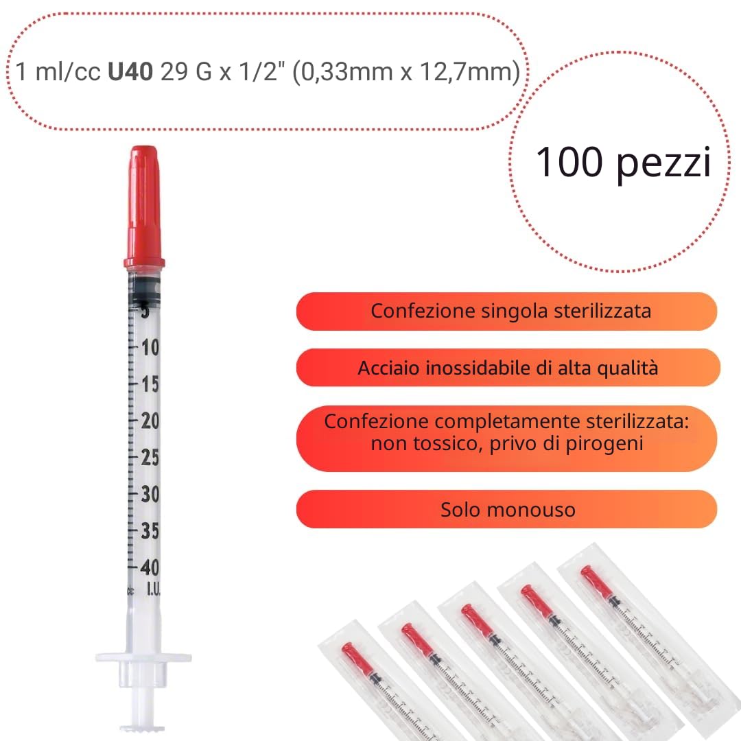 100 tubi di plastica U40 da 1 ml/cc, 29 g (0,33 x 12,7 mm), strumenti di misura multiuso, confezionati singolarmente (29 G 1/2'')