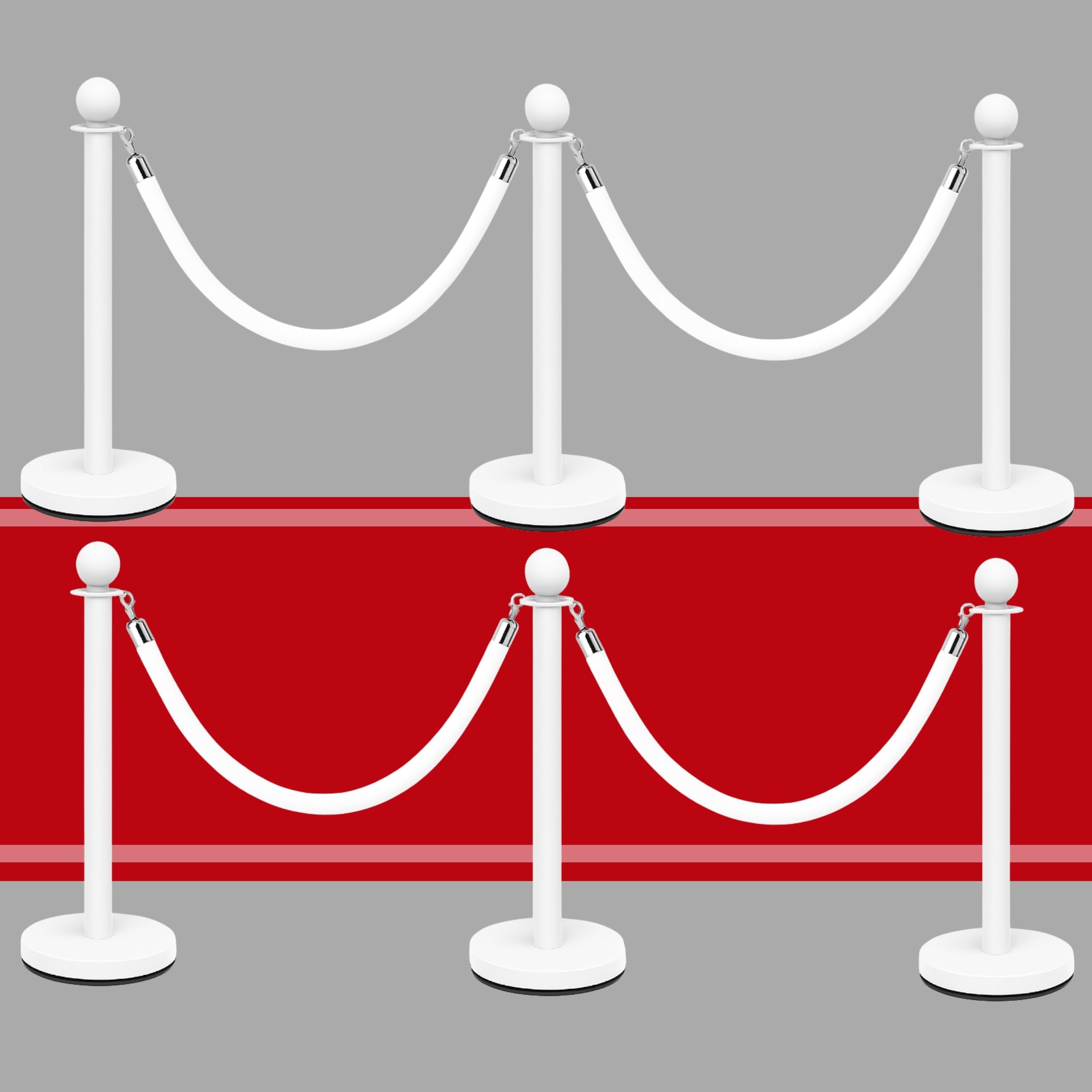 White Stanchion and Rope Stanchion Kit – 6 Crowd Control Stanchions and 4 White Velvet Cords 5FT for Party Wedding Rope Ceremony Red Carpet Events