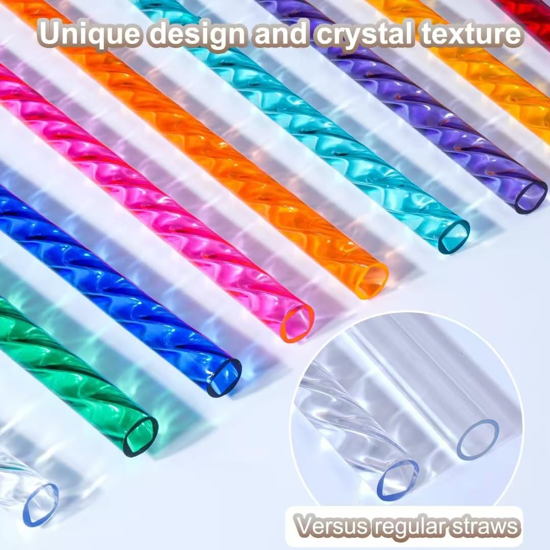 50 wiederverwendbare Hartplastik-Trinkhalme mit Spiraltextur, inklusive Glasbecher und Reiniger, 9-12 Zoll ästhetische Trinkhalme für Tumbler Cocktails Shakes robust BPA-frei,50 Straws and 1 Water Cup