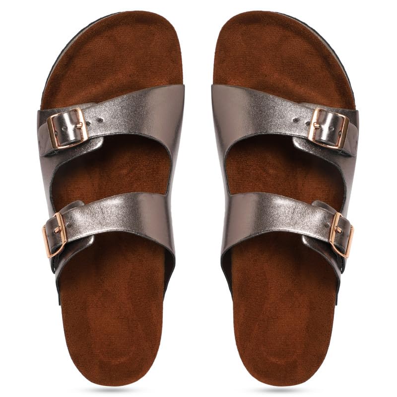 MOZAFIA Compass Bronze Solid Synthetic Leather Comfortable Stylish with Open Toe Casual Flat Sandals & Flip Flops for Women (B0CQCZW6JW) Amazon Price History, Amazon Price Tracker