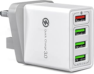 Fast Charger Plug USB Charger – Ultra Fast 4 Port Multi USB Plug Adaptor UK – 33W Quick Charge 3.0 Wall Charger Adapter Plug UK - Phone Charger Plug Fast Charging for iPhone and Samsung