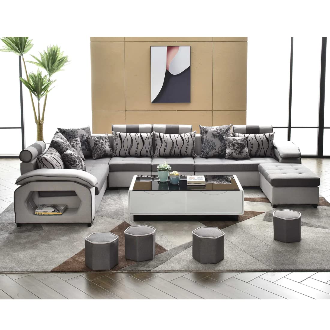 CasaStyle Seleno Interchangeable U Shape 7 Seater Sectional L Shape Sofa Set with 4 Puffy for Living Room, Set of 10 (Dark & Light Grey)