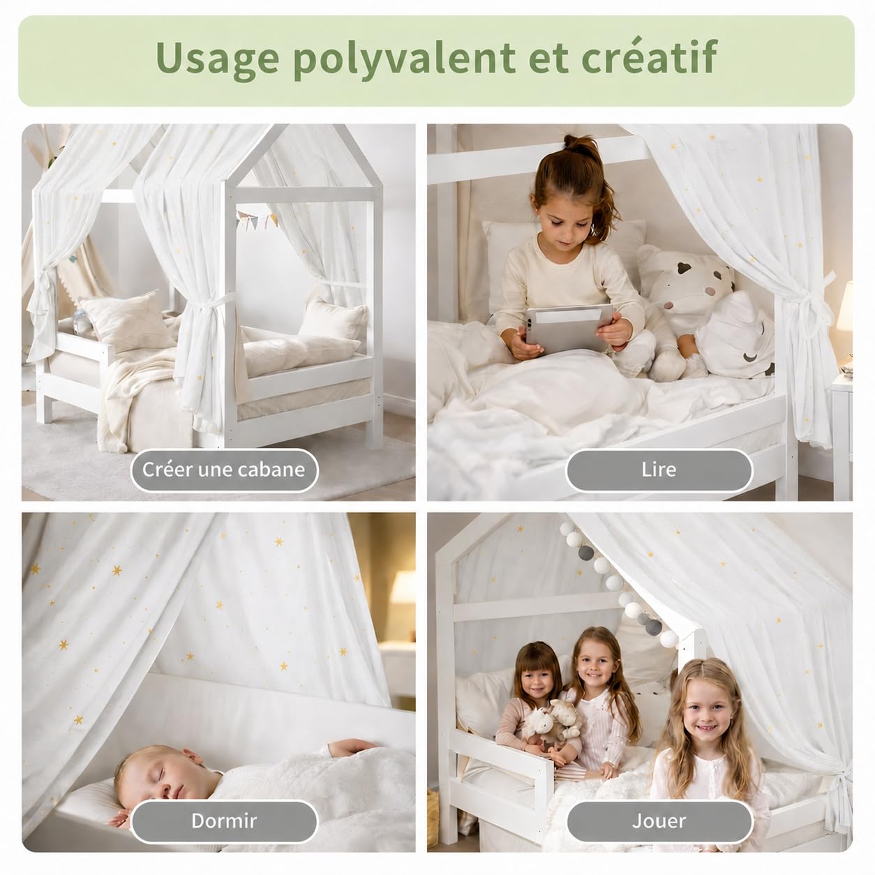 Ciel de lit cabane avec étoiles dorées, Lot de 2 pièces, 100% Coton Mousseline Fait Main, Voilage décoratif pour lit cabane, Filles et garçons（Blanc, 65 X 270 cm）