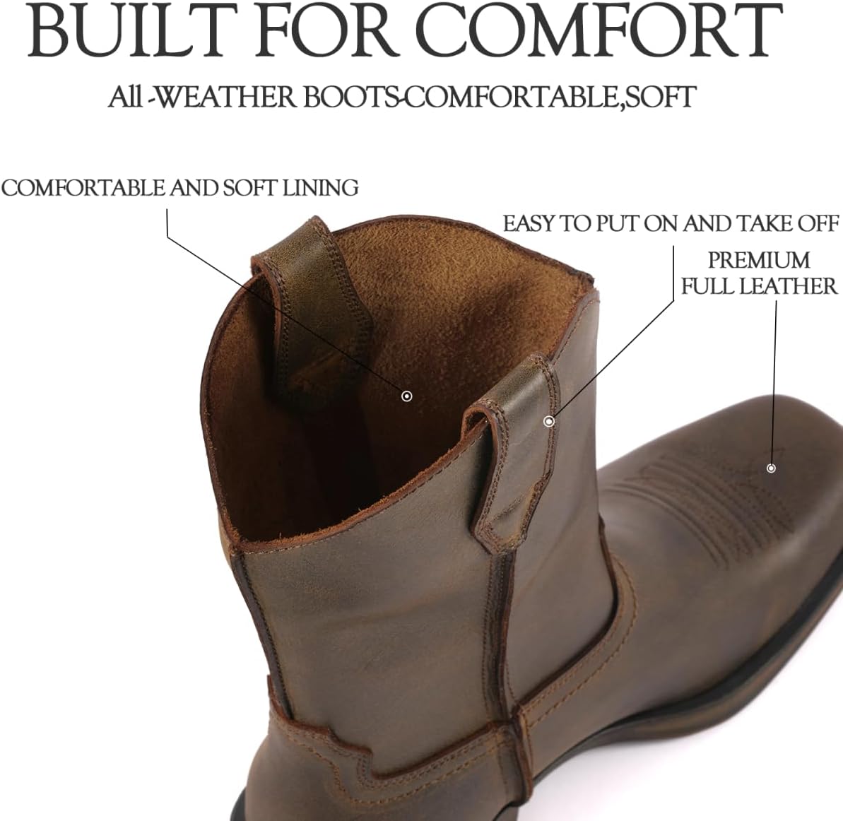 SUREWAY Western Boots - Men’s Square Toe Work Boot,Pull On Leather Wellington Boots,Durable Classic Slip Resistant Soft Toe Cowboy Boot