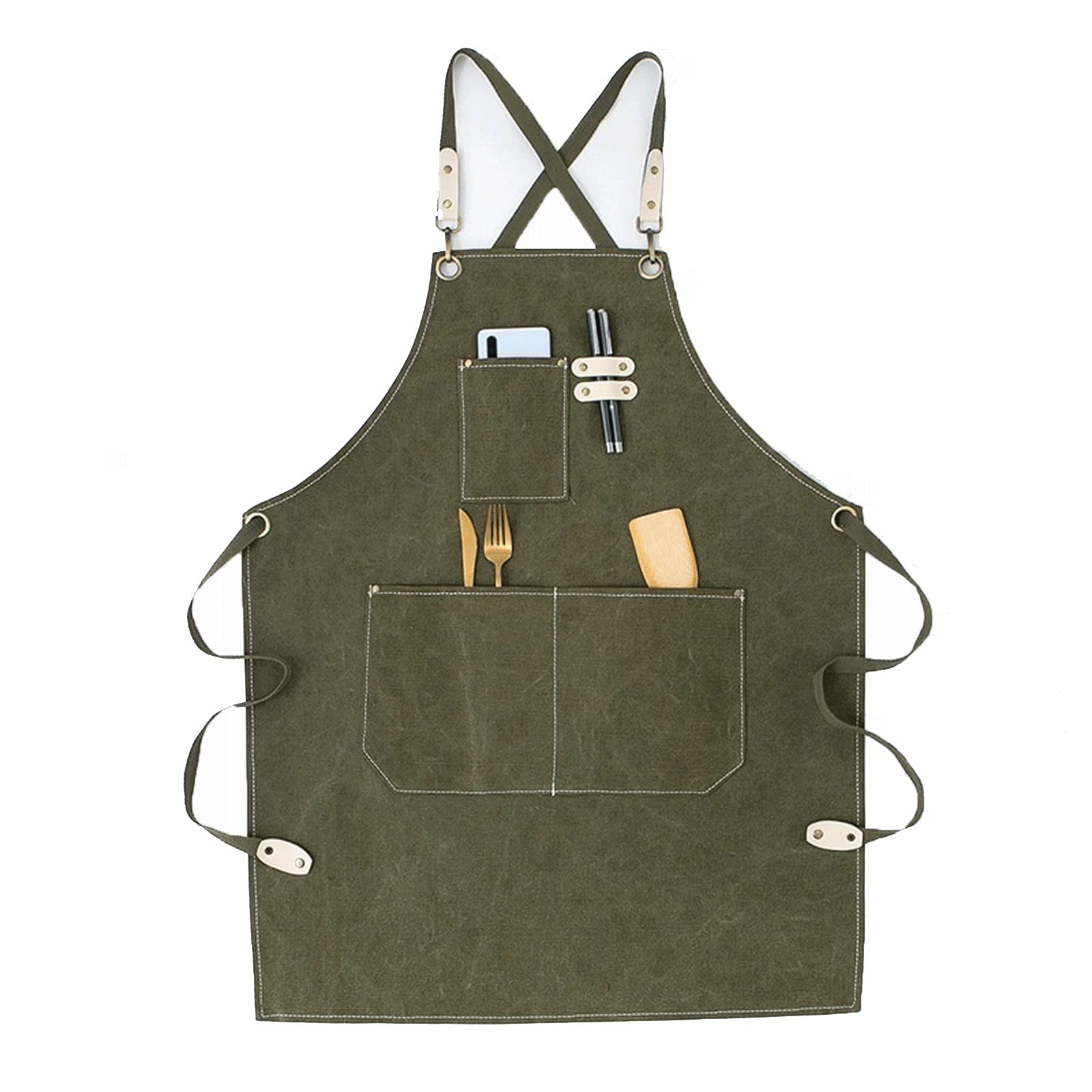 Delantal de Cocina de Lona para Mujer, Delantal de Trabajo para Cocinero, Delantal para Barbacoa, Restaurante, Bar, cafetería, salón de Belleza, manicura, Uniforme, Tienda de té (Verde)