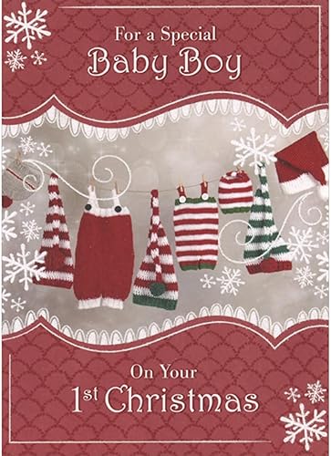 Designer Greetings Sombreros y pantalones festivos rojos, blancos y verdes en el tendedero de primera / primera tarjeta de Navidad para bebé niño