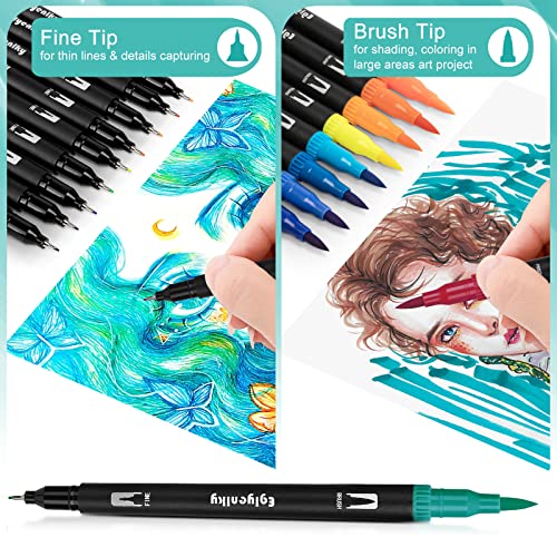 Image of Eglyenlky 60 Coloring Pens for Adult Coloring Books, Dual Tip Brush Pens, Felt Markers with Fine and Brush Watercolor Marker Set for Kid Adult Artist Drawing