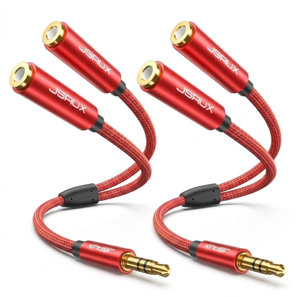jsaux® 2pcs headphone splitter 3.5mm, 2 female to 1 male audio stereo y splitter cable, dual headphone adapter compatible with ps5, xbox, switch, pc gaming headsets, phone, tablet, laptop and more-red