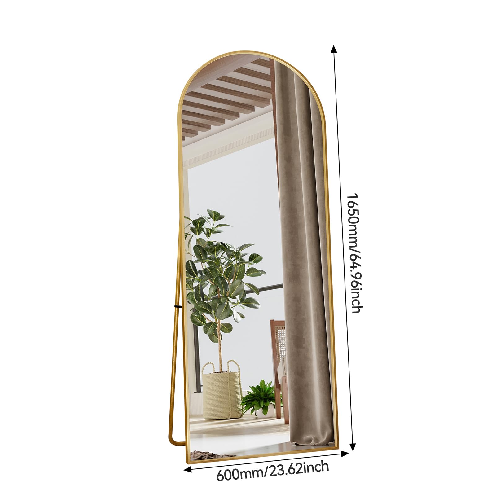 Łukowe lustro na całe ciało, 165 x 60, duże lustro podłogowe z aluminiową ramą, duże lustro ścienne do stania, oparcia lub zawieszenia, łukowate lustro stojące do sypialni, salonu (złote)