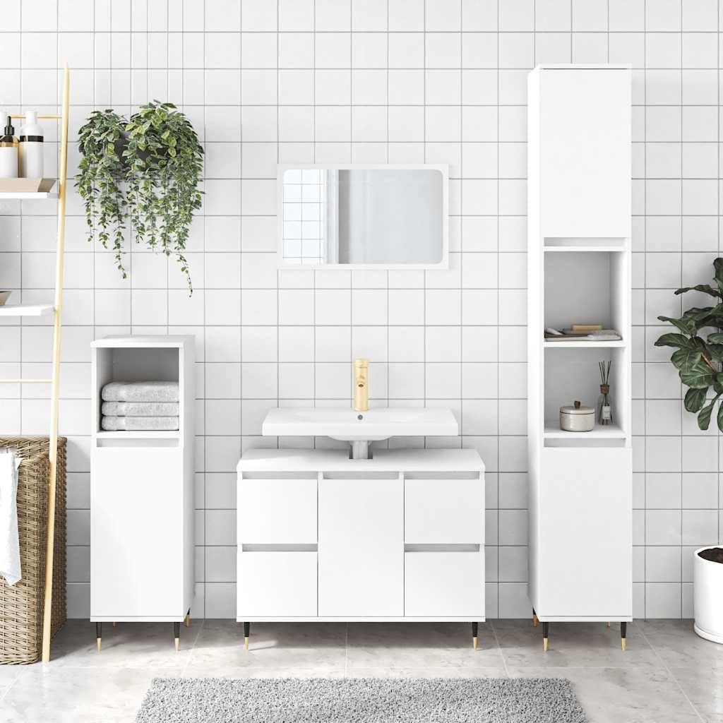 Armario de baño blanco de madera con 1 puerta, 4 cajones, 80 x 33 x 60 cm, juego de muebles de baño con patas de hierro y montaje en pared flexible para cuarto de baño ordenación y