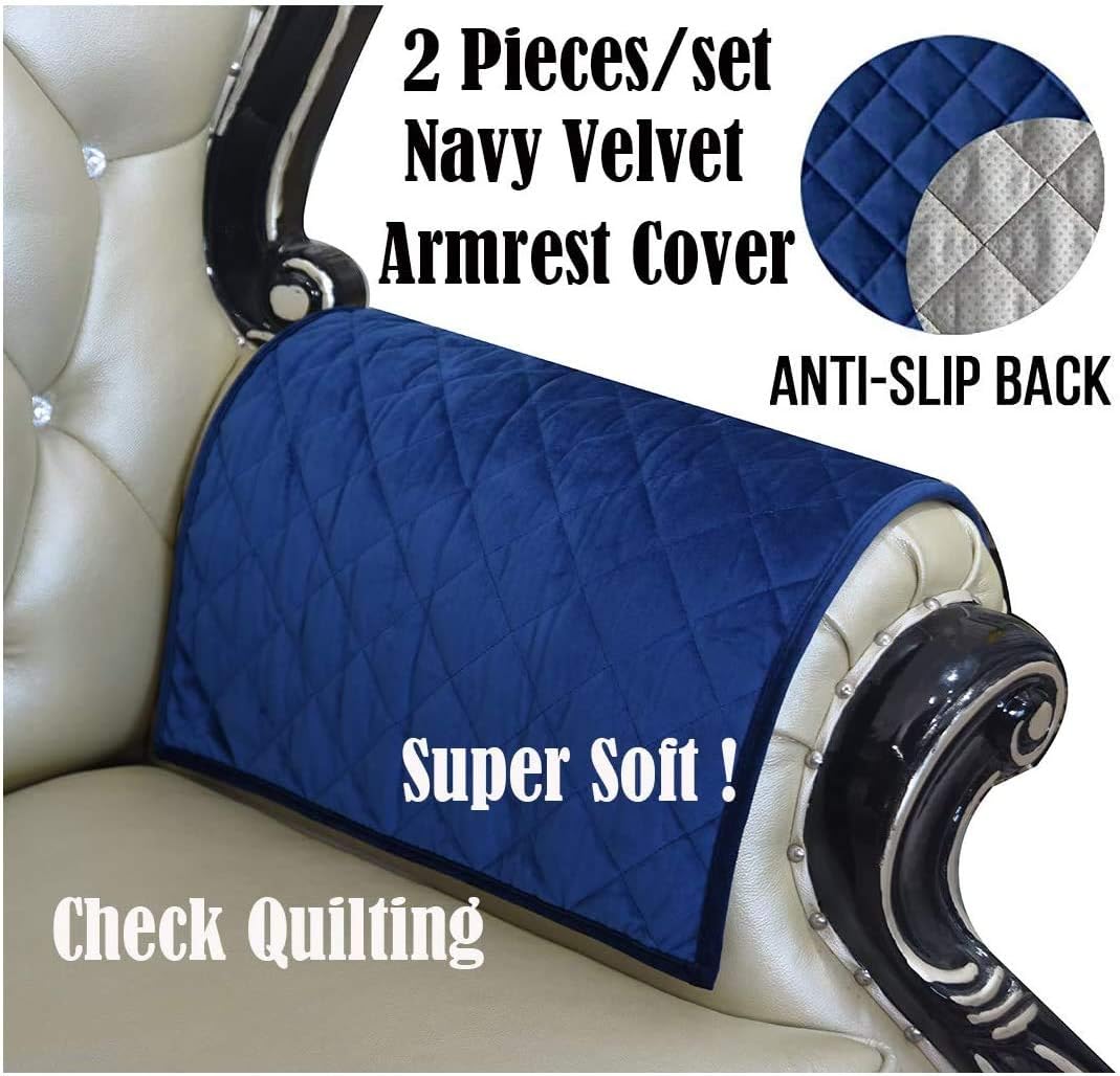 ZUODU Nonslip Navy Velvet Sofa Armrest Covers for Fabric Couch Leather Sofa Quilted Furniture Protector for Dogs Kids Pets Pack of 2(Check Navy Velvet) - Image 3