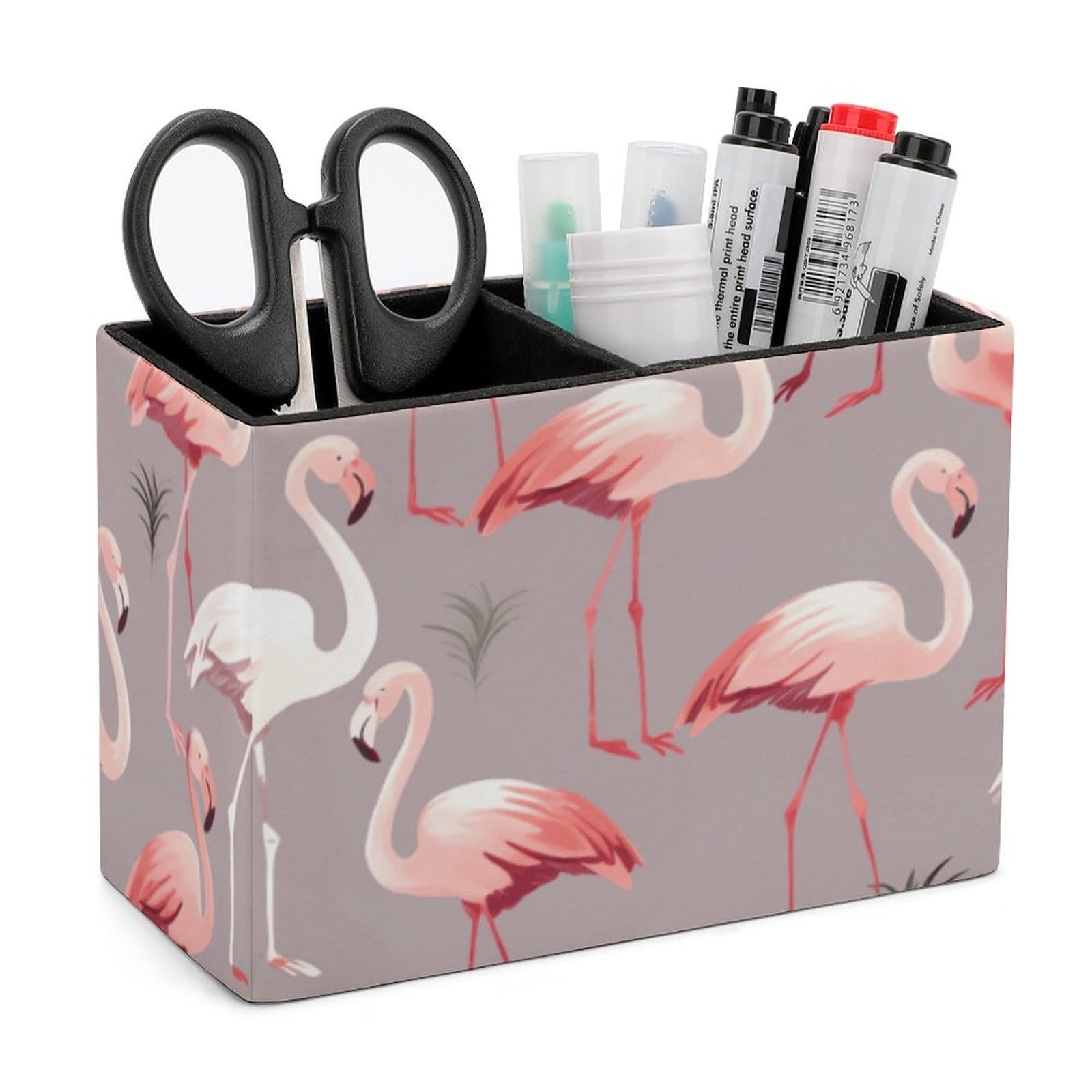 LZQPOEAS Exquisite Patterns PU Leather Pen Holder, Multifunctional Desktop Organizer Caddy with 2 Compartments, Pink Flamingo Pattern Pencil Cup Makeup Brush Holder for Office Home