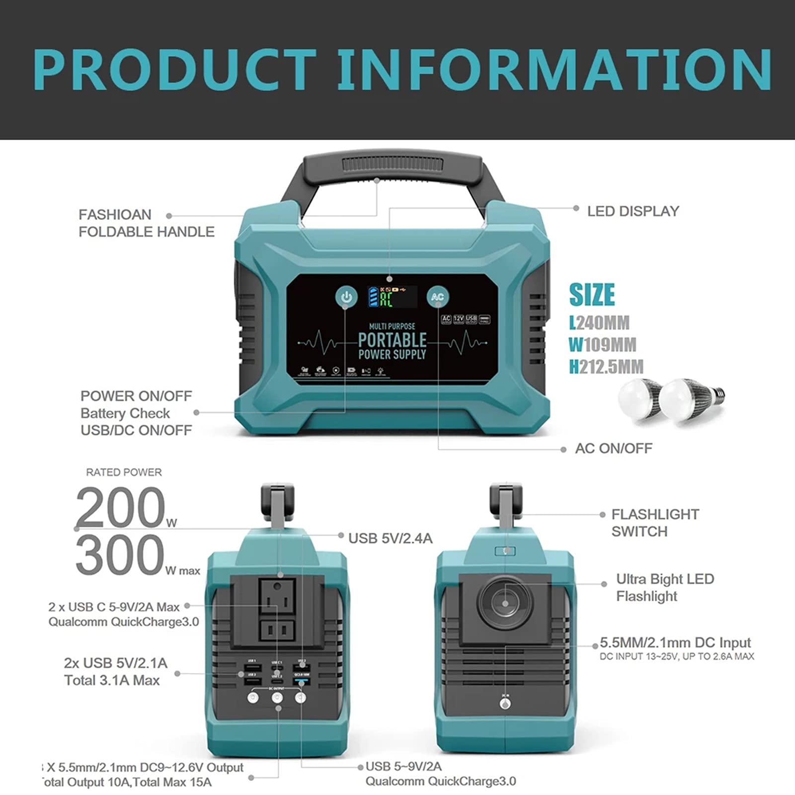 AIZYR Générateur D'onduleur Solaire Portable À La Maison 200W Station De Groupe Électrogène De Camping UPS De Stockage D'énergie avec QC3.0 Double USB C,Us Plug