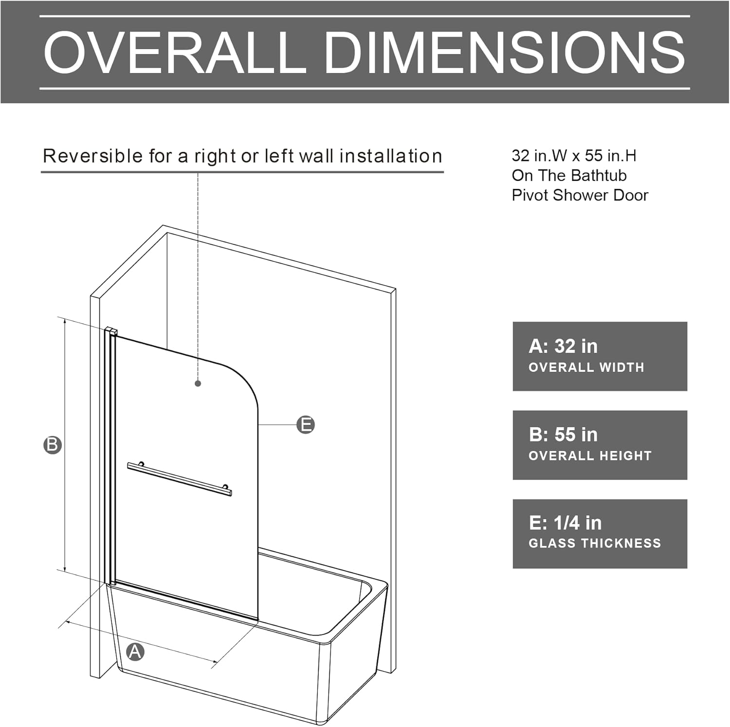 Goodyo Shower Door Panel for Bathtub 32x55 Inch Bohemian Pattern Tempered Glass with Stainless Steel Handle, Black