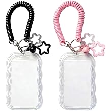 Kpop Photocard Holder Keychain with Cute Star Wave Bell Dangle - Clear PC Card Sleeve Protector with Metal Key Ring Set for Student Bus ID, Aesthetic Photo Protector Case Black+Pink Star