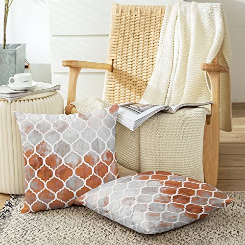 Calitime Throw Pillow Covers Pack Of 2 Cozy Colorful Geometric Trellis Chain Accents Manual Hand Painted Cushion Cases For Couch Bed Sofa Farmhouse Decorative 18 X 18 Inches Main Grey Rust Red #TOP3