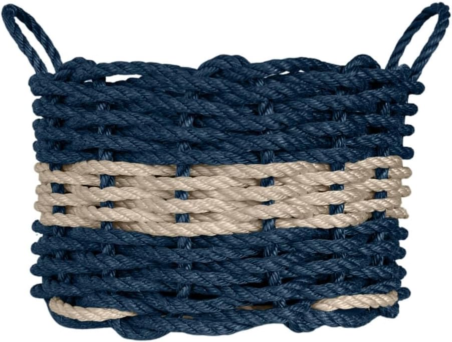 Wicked Good Lobster Rope™ Basket, Handwoven in Maine from Authentic Lobster Rope, Durable Coastal Storage Bin for Home, Boat, Beach House, Dock or Porch (12" x 8") (Navy with Silver Stripe)
