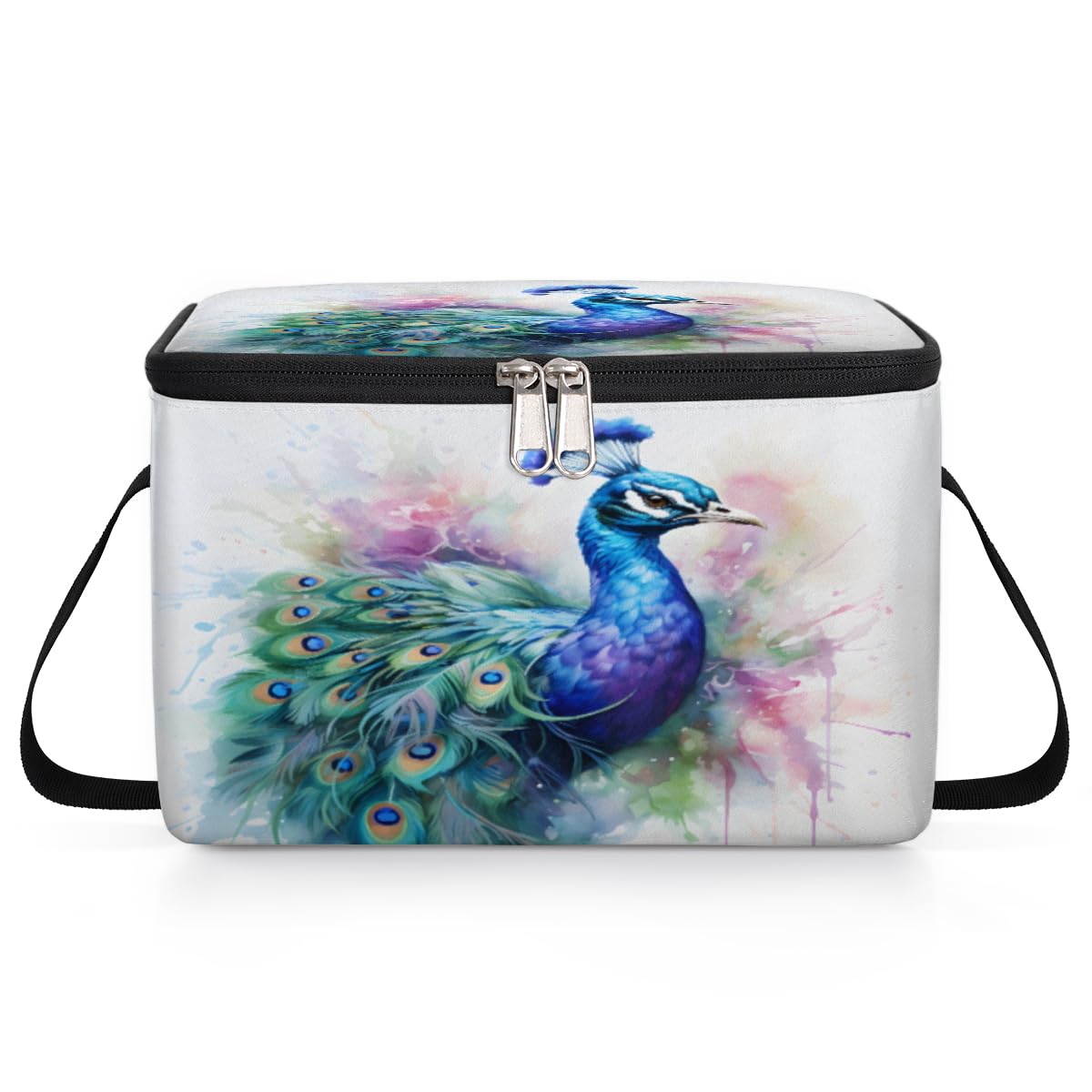 GzLeyigou Peacock Lunch Bags for Women Men 9 Cans, Hot & Cold Food Delivery Bag Insulated Grocery Bag Insulated Lunch Box Watercolor Peacock Cooler Bag for Office Work Picnic Beach
