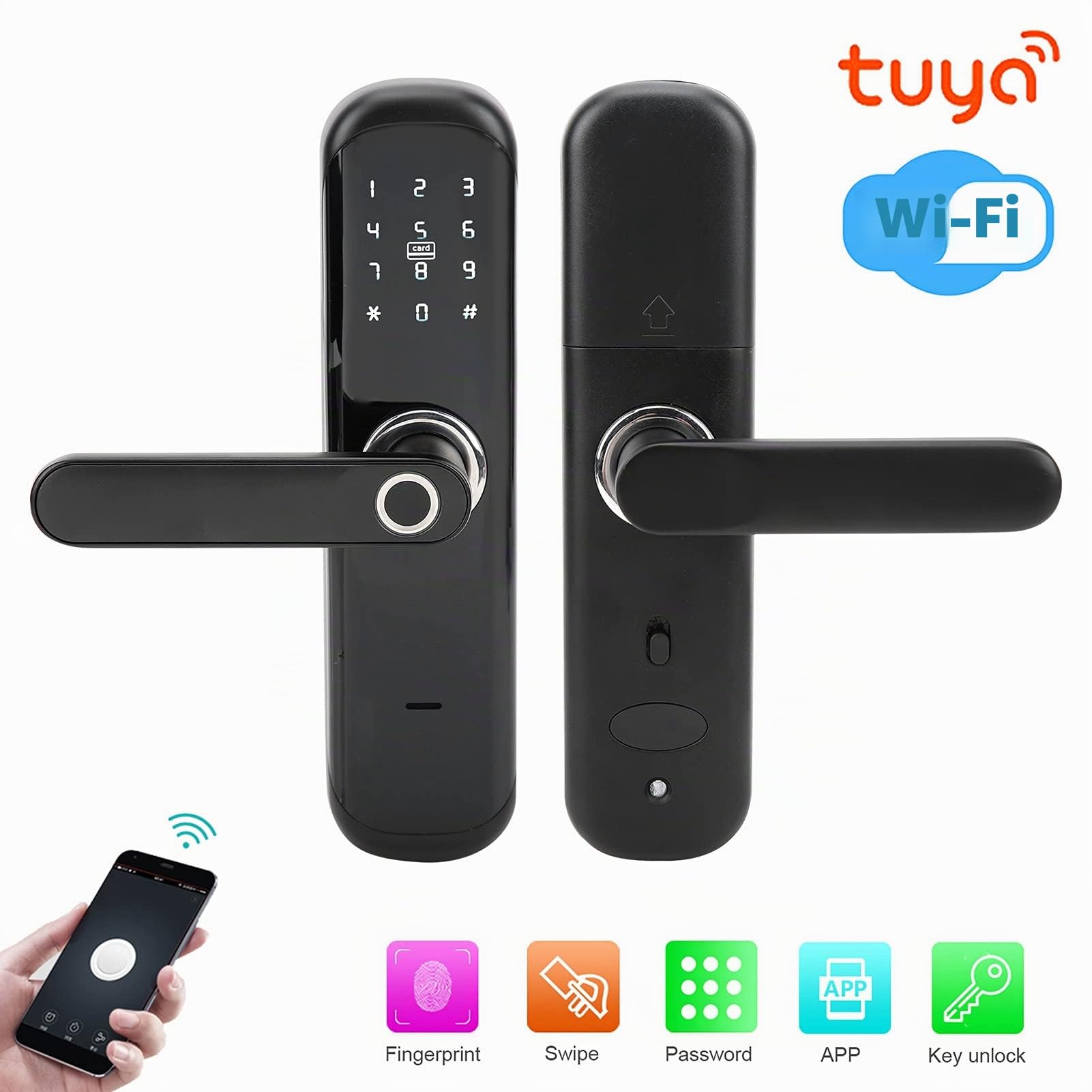Serrure Empreinte Digitale Serrure Electronique Porte Entree avec Poignée Levier Clavier à écran Tactile Mot de Passe Code Serrure de Porte Intelligente Serrure Biometrique avec Clé, Télécommande APP