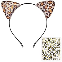 Vista 1 de Funcredible Diadema de orejas de leopardo con tatuajes diadema de guepardo con tatuaje temporal accesorios de disfraz de Halloween para adultos