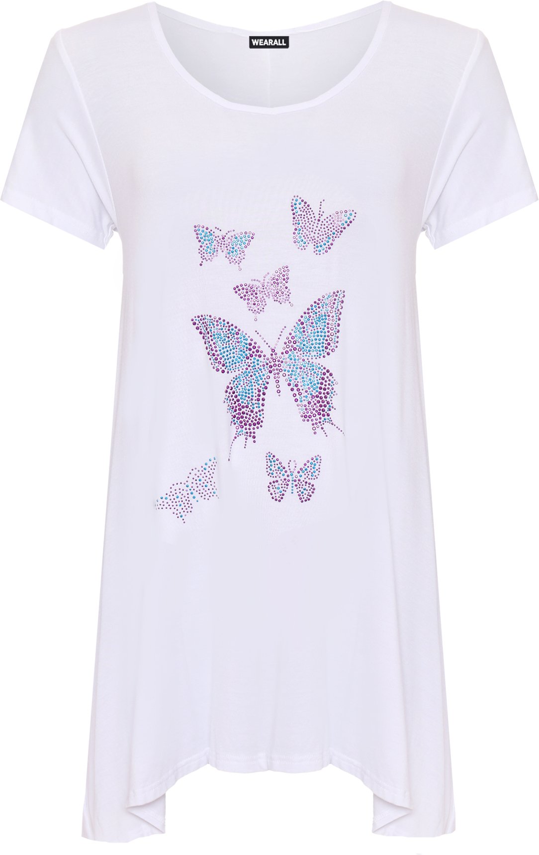 Wearall Women's White Plus Diamante Butterfly Top Hanky Hem Short Sleeve Flared T-Shirt - 26-28