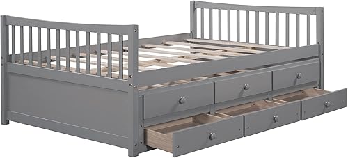 Miniatura 10 de Harper & Bright Designs Sofá cama de tamaño matrimonial con nido y cajones, cama de capitán con almacenamiento, marco de cama de plataforma